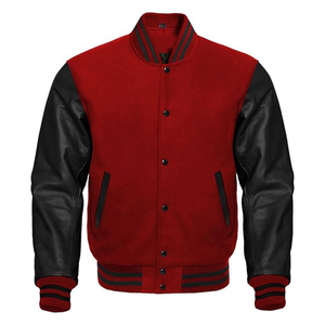 Chaqueta Varsity Roja para Hombre con Mangas de Cuero Negro, Cuello Camisero, Cierre de Botones, Ropa Casual de Otoño, Color Sólido - Product Image 5