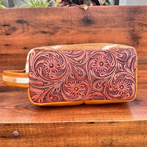 Top Quality Customized Tooled Leather Zipper Cosmetic Pouch Western <b>Travel</b> <b>Toiletry</b> Bag for Women's Genuine Leather Dopp <b>Kits</b> - Product Image 2