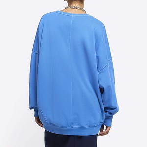 Sweat-shirt en coton bleu surdimensionné, taille plus, à épaules tombantes, à capuche, manches régulières, couleur unie, brodé, automne, été, hiver - Product Image 3