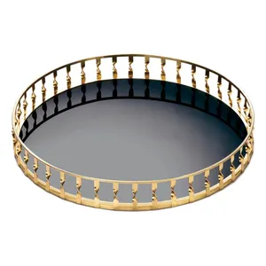 Bandeja Decorativa Redonda de Metal Negro y Dorado con Riel de Exhibición para Mesa de Centro, Tocador, Perfumes, Joyas, Velas y Decoración del Hogar - Product Image 1