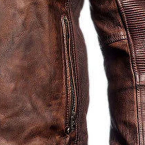 Men's Brown Genuine Leather Jacket Stand Collar Zipper Closure Moto Style Autumn Wear - Product Image 4
