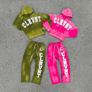 Conjunto de Chándal Personalizado con Pedrería, Sudadera Oversize y Pantalones Acampanados, Estampado Desgastado, Estilo Urbano, 2 Piezas - Product Image 3