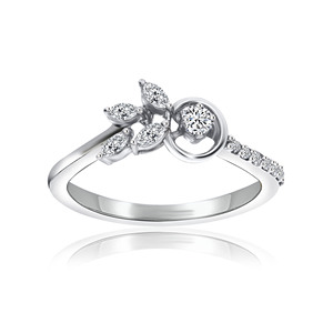 Bague de fiançailles élégante en or blanc de qualité supérieure avec design en feuille d'or, diamant solitaire rond et pierres d'accentuation marquise - Product Image 1