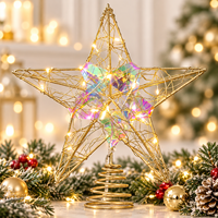 Décor de Noël : Étoile dorée à cinq branches pour le sommet de l'arbre, fonctionnant sur piles, avec centre en cristal holographique et LED blanc chaud