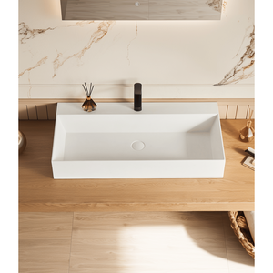 Lavabo Rettangolare da Appoggio in Solid Surface Bianco Opaco 76x46 cm con Foro per Rubinetto, Montaggio a Parete, Eleganti Lavabi - Product Image 3