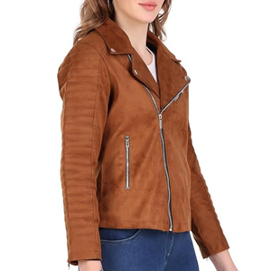 <b>Women's</b> Brown <b>Suede</b> Moto <b>Jacket</b> With Zipper Closure Full Sleeve Stand Collar Autumn Style - Product Image 2
