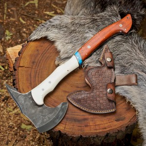 Hacha de doble cabeza de acero de Damasco forjado a mano con mango de madera de palisandro y funda de cuero, calidad industrial, hacha personalizada OEM - Product Image 1