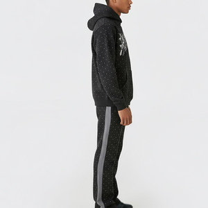 Ensemble de survêtement décontracté pour homme, noir, à capuche, entièrement zippé, motif à pois, respirant, poids moyen, streetwear, avec strass - Product Image 6