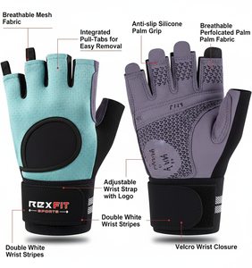 Gants de sport REXFIT à demi-doigts, respirants, avec sangle de poignet réglable, unisexes, pour entraînement fitness - Product Image 5