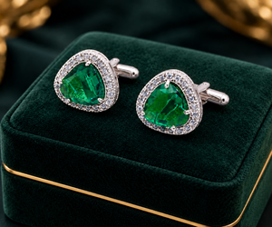 Boutons de manchette personnalisés en émeraude verte pour hommes, boutons de manchette en émeraude de laboratoire, bijoux plaqués or et argent, vente en gros - Product Image 5