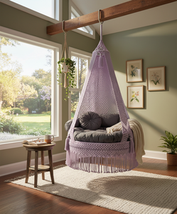 Periwinkle 72" Macramé Hammock Chair Hanging Seat with Canopy Fabric Rope Woven Lounge for Indoor Outdoor Garden Bedroom - Product Image 6