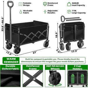 Collapsible Foldable Cart for <b>Camping</b> Sports Garden with 2 Cup Ho Wheels for Beach Wagons Sports Gardens - Product Image 2