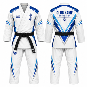 Kimono de karaté MEGAMAPLE Club, imprimé par transfert thermique, nom et numéros d'équipe, blanc et bleu, col en V, manches courtes, évacuation de l'humidité, respirant - Product Image 1