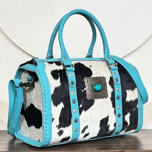 Luxury Turquoise Genuine Leather Cowhide Western Speedy Bag Handbag With Concho Studded Barrel Duffel Crossbody Bag for Unisex - Product Image 4