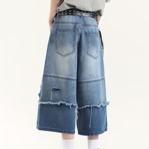 Shorts Capri en Jean Déchiré Taille Haute pour Homme, Style Urbain Patchwork, en Toile de Coton avec Braguette Boutonnée, Décontracté - Product Image 2