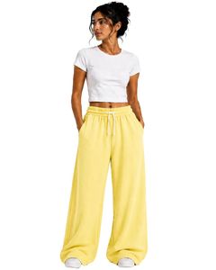 Pastel Yellow Women <b>Wide</b> <b>Leg</b> <b>Sweatpants</b> High Waist Loose Fit Casual Streetwear Lounge Fleece Trousers With <b>Drawstring</b> Pockets - Product Image 1