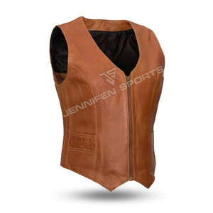 Nouveau gilet de moto court en cuir de vachette véritable, couleur unie, coupe ajustée, avec col à revers, ceinture, fermeture éclair et lacets au dos, fermeture éclair avant - Product Image 1