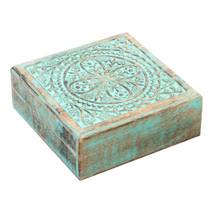 Fabricant indien de confiance de boîte sculptée en bois avec couvercle boîte en bois de mangue de couleur turquoise pour souvenir de bijoux à bas prix - Product Image 1
