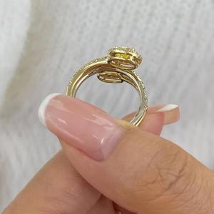 Fancy Yellow Oval Cut Diamond Wrap <b>Ring</b> in Yellow Gold with Double Halo Setting, Pavé Diamond Band and <b>Open</b> Spiral Design - Product Image 2