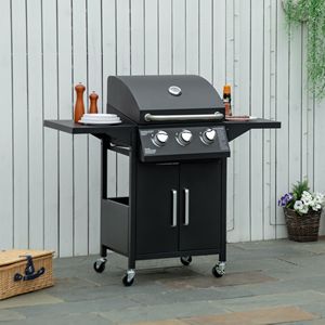 Griglia a Gas Portatile Nera da Esterno a 3 Bruciatori con Ripiani Scaldavivande, Termometro e Ruote - per Alimenti Affumicati, Barbecue e Pizza - Product Image 2