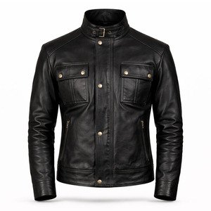 Chaqueta de Motociclista Vintage para Hombre, Negra, de Cuero Genuino Recubierto, Corte Ajustado, Estilo Café Racer, Transpirable, Ecológica, Resistente al Viento y al Agua - Product Image 1