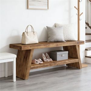 Panca d'Ingresso a Doppio Strato in Legno Massello con Design a Scaffale Aperto per Scarpe - Product Image 2