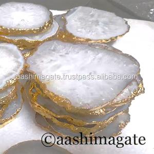 จานรองแก้วหินโมราสีขาวบริสุทธิ์พร้อมขอบทองวัสดุพลอยสไตล์ฮวงจุ้ย - Product Image 3