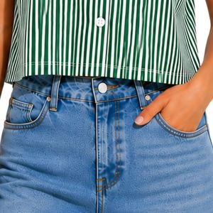 Camisa corta a rayas verde y blanca personalizada para mujer, logotipo bordado personalizado, blusa informal de verano con botones y manga corta, OEM - Product Image 6