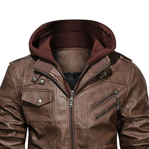 Hooded Collar Leather Jacket For Men With Zip Front And Clean <b>Upper</b> Neckline For Resistance Winter Wear For Sale - Product Image 5