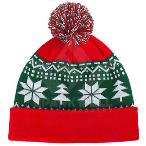 Bonnet en peluche de Noël rouge et vert avec pompon, motif brodé uni, tricoté à la main en acrylique, casquette décontractée d'hiver unisexe 54-56CM - Product Image 1