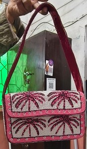 Sac à main rectangulaire fait main, lavable, pour usage quotidien, avec broderie palmier, en toile de coton, bordure rose - Product Image 1