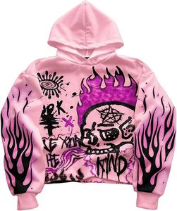 <b>Pink</b> Purple Flame Skull Hooded Breathable Casual Lightweight Loose Fit Cropped Pullover Streetwear Graphic <b>Hoodie</b> Unisex Adult - Product Image 1