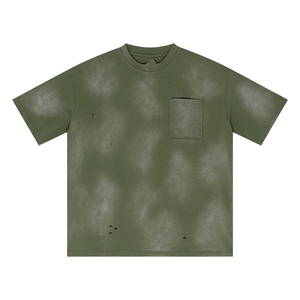 285GSM Heavyweight Men's Casual Oversized 100% Cotton T-Shirt Monkey Wash <b>Spray</b> Dyed Ripped Hole Hip Hop Pocket Streetwear <b>Style</b> - Product Image 5