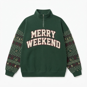 Sudadera de algodón para mujer con media cremallera y cuello simulado, estampado de letras 'Merry Weekend' y diseño de reno en la manga, para Navidad - Product Image 1