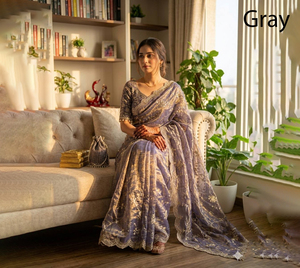 Elegante Sari de Seda Gris con Bordado Dorado, Traje Tradicional Indio para Bodas, para Mujer, Largo hasta el Suelo, Corte Regular - Product Image 1