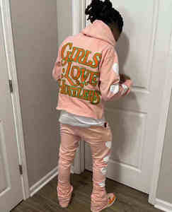 Ensemble de survêtement deux pièces en coton 400 g/m² avec logo personnalisé, comprenant un sweat à capuche court zippé orné de strass et un pantalon de jogging ample - Product Image 3