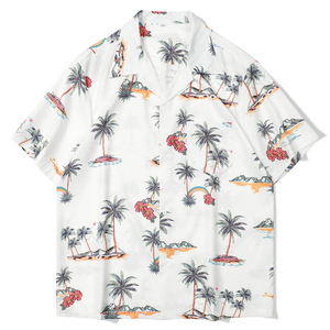Men's <b>White</b> Short Sleeve Hawaiian <b>TShirt</b> With Palm Tree Print Regular Fit Casual Wear V-Neck Cotton Woven Breathable - Product Image 1