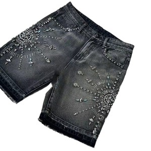 Unisex High Waist Black Denim Bermuda Shorts Crystal Rhinestone Embellishment Breathable Front Vintage Street Style Casual Pants - Product Image 1