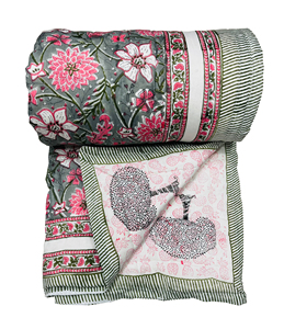 Lote al por mayor de colchas reversibles estampadas a mano con motivos florales, borde a rayas verde, rosa y gris, para uso doméstico en todas las estaciones, en stock. - Product Image 1