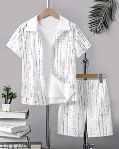 White Printed Short Sleeve Shirt Shorts Set for Boys Casual Wear Woven Fabric Patterned Design Polyester/Cotton Slight Stretch - Product Image 6