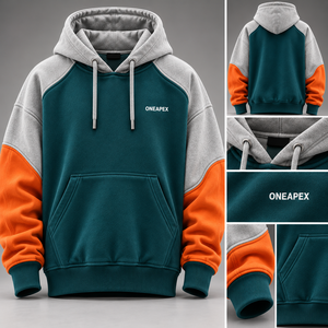 Sudadera con capucha de forro polar para hombre, color verde azulado con bloques de color y mangas naranjas, estilo oversize, streetwear, casual, deportiva, personalizada, al por mayor - Product Image 6