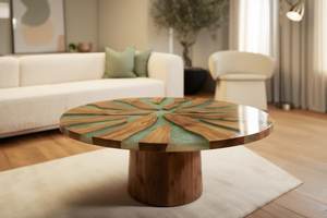 Mesa de epoxi con diseño de resina verde en forma de rayos de sol y base de pedestal de madera maciza, mesa de centro de lujo hecha a mano, decoración para el hogar. - Product Image 4