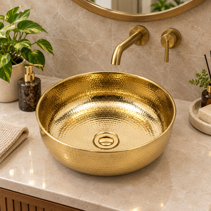Lavabo Redondo Profundo de Latón Martillado, Lavabo de Lujo con Acabado Dorado Brillante para Encimera, Lavabo para Baño, Hotel, Villa, Artículos Sanitarios - Product Image 2