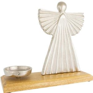 Heavenly Angel Metal Christmas Votive Candle Holder 10 Inch Height <b>Silver</b> With Mango Wood Base - Product Image 4