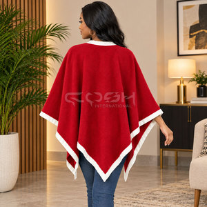 Cosh International Sisterhood Sorority Red Knitted <b>Poncho</b> With White Trim V-Neck Sleeveless Winter Sweater Thick Acrylic Elegant - Product Image 5