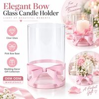 En gros Porte-bougie de mariage en verre transparent, style hurricane, cylindrique, avec nœud rose, centre de table, décoration intérieure
