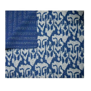 Ikat bleu foncé bloc imprimer nouveau fait à la main brodé Kantha couette coton couverture literie bohème jeter couvre-lit toutes saisons - Product Image 3