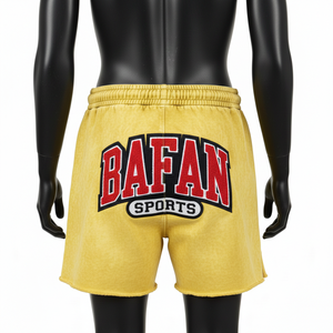 Shorts de mujer con lavado ácido, 280 GSM, algodón premium, felpa, color amarillo, estilo vintage, con parche de logotipo bordado personalizado. - Product Image 2