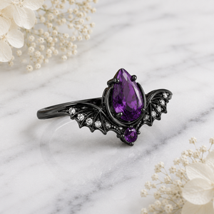 Anillo Gótico de Plata de Ley 925 Maciza con Amatista en Forma de Pera, Bañado en Oro Negro y Rodio, Conjunto de Anillos de Boda para Pareja con Gema, Ideal para Fiestas - Product Image 2