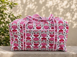 Women’s Hand Block Print Cotton Quilted Duffle <b>Bag</b> | Floral Weekender Travel <b>Bag</b> | Handmade Overnight Tote | <b>Boho</b> Gym <b>Bag</b> - Product Image 4